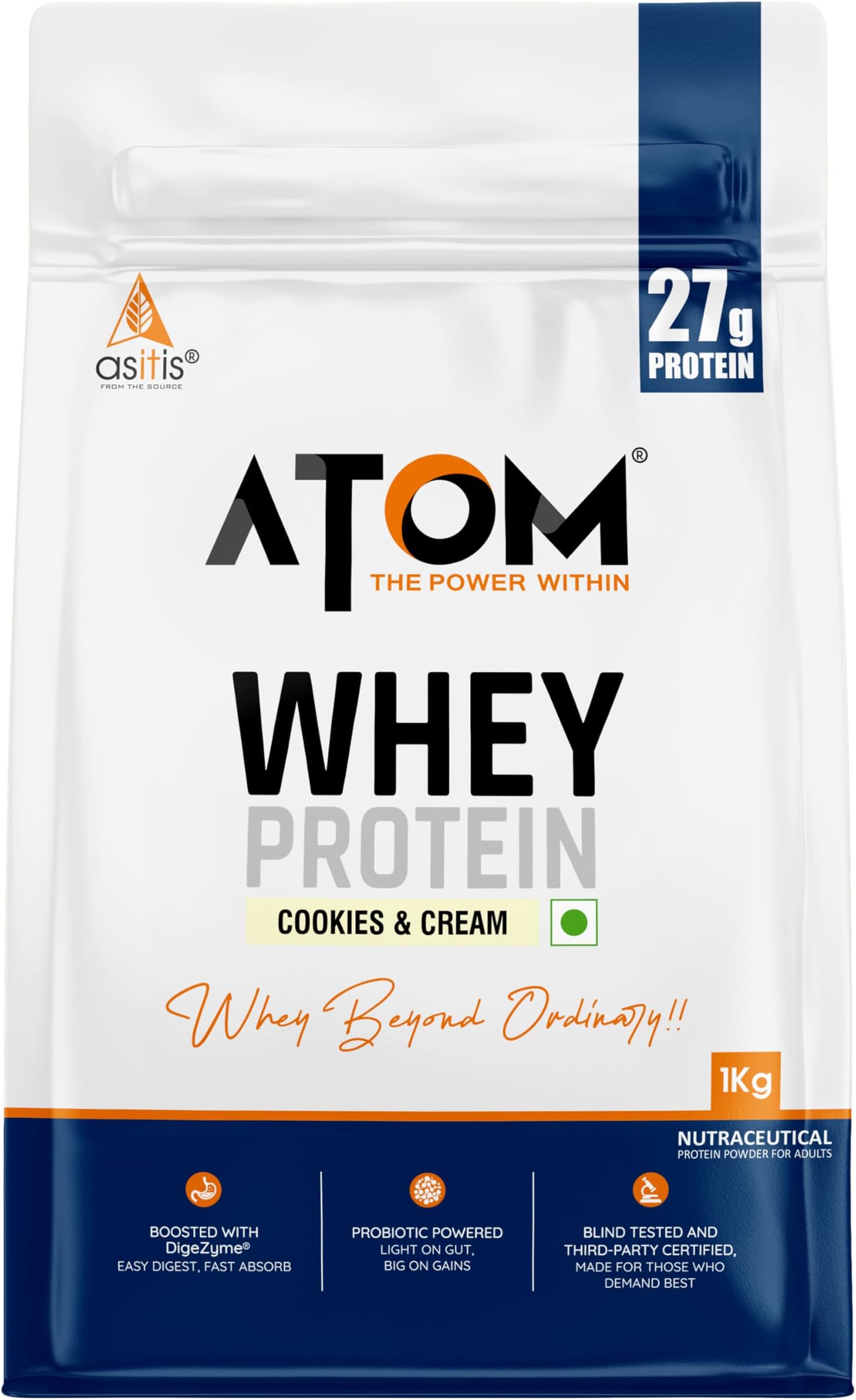 AS-IT-IS ATOM Whey Protein 1kg | 27g protein | Isolate & Concentrate | Cookies and Cream | USA Labdoor Certified | With Digestive Enzymes for better absorption