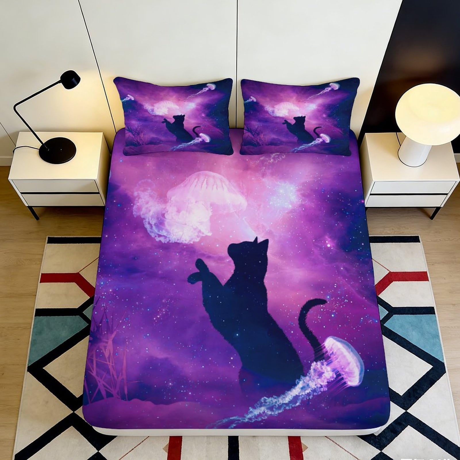 Pnayamiorkfel Style-1 3D Printed Purple Cat Galaxy Fitted Sheet Microfiber Soft Bedroom Decor Cosmic Nebula Mattress Cover Anti-Slip Washable 90X200x25cm