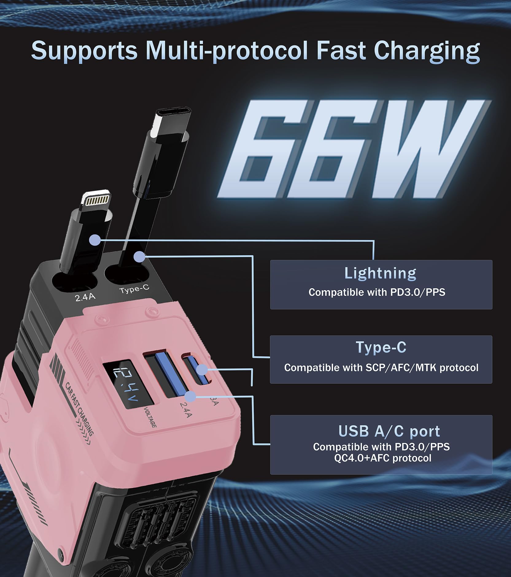 Cargador retráctil para coche, cargador de teléfono retráctil 4 en 1 con carga rápida de 66 W, 2 cables retráctiles y 2 puertos USB-C USB-A compatibles con iPhone 17/16/15/14/13/12, Samsung, Galaxy