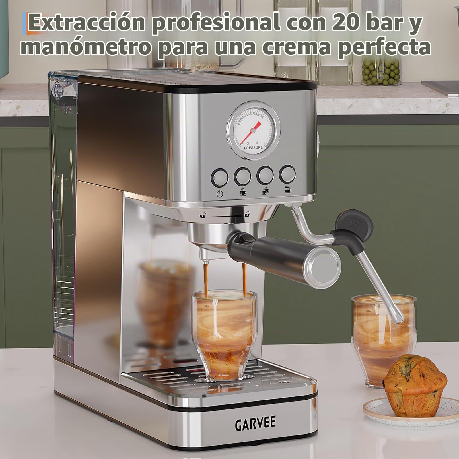 Acekool Cafetera Semiautomática 20 Bares Acero Inoxidable Diseño Europeo | Termobloque rápido, depósito 1,7L y vaporizador 360 grados.