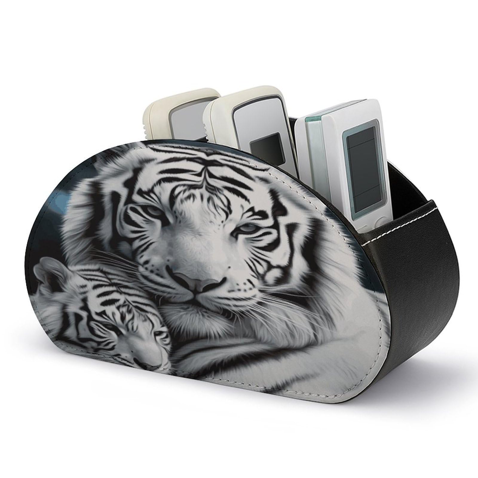 VstaDank White Tiger Remote Control Holder with 5 Compartments PU Leather Remote Caddy Desktop Organizer Store TV Remote Control Storage Box for Home Office Desk Nightstand