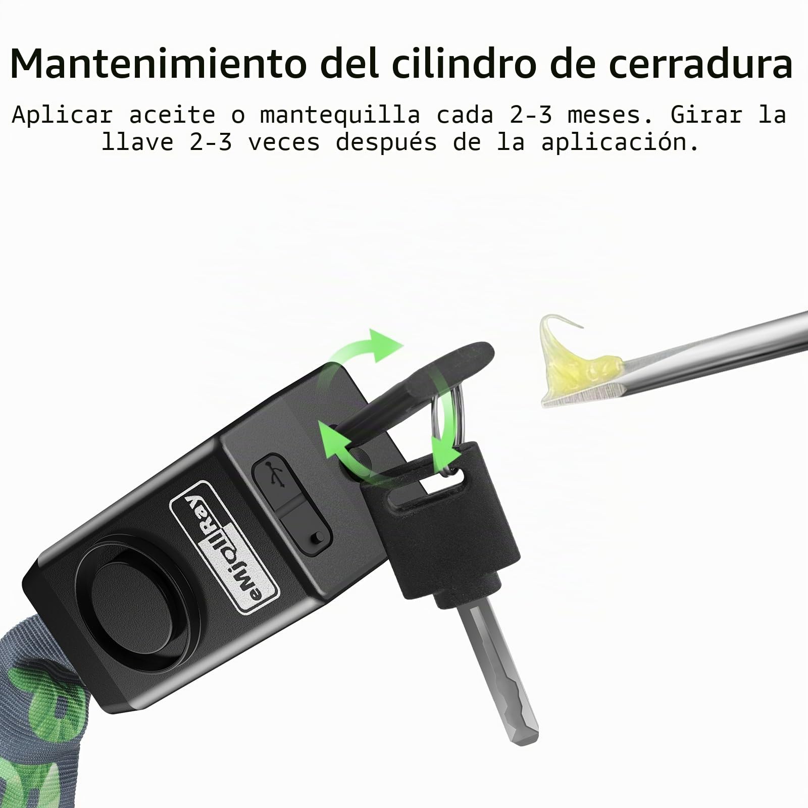 Candado de Bicicleta de 120cm con Alarma de 110dB, Candado de Cadena Antirrobo para Bicicleta Eléctrica, 8mm de Grosor, 2 Mandos a Distancia, 3 Llaves, Cable USB C
