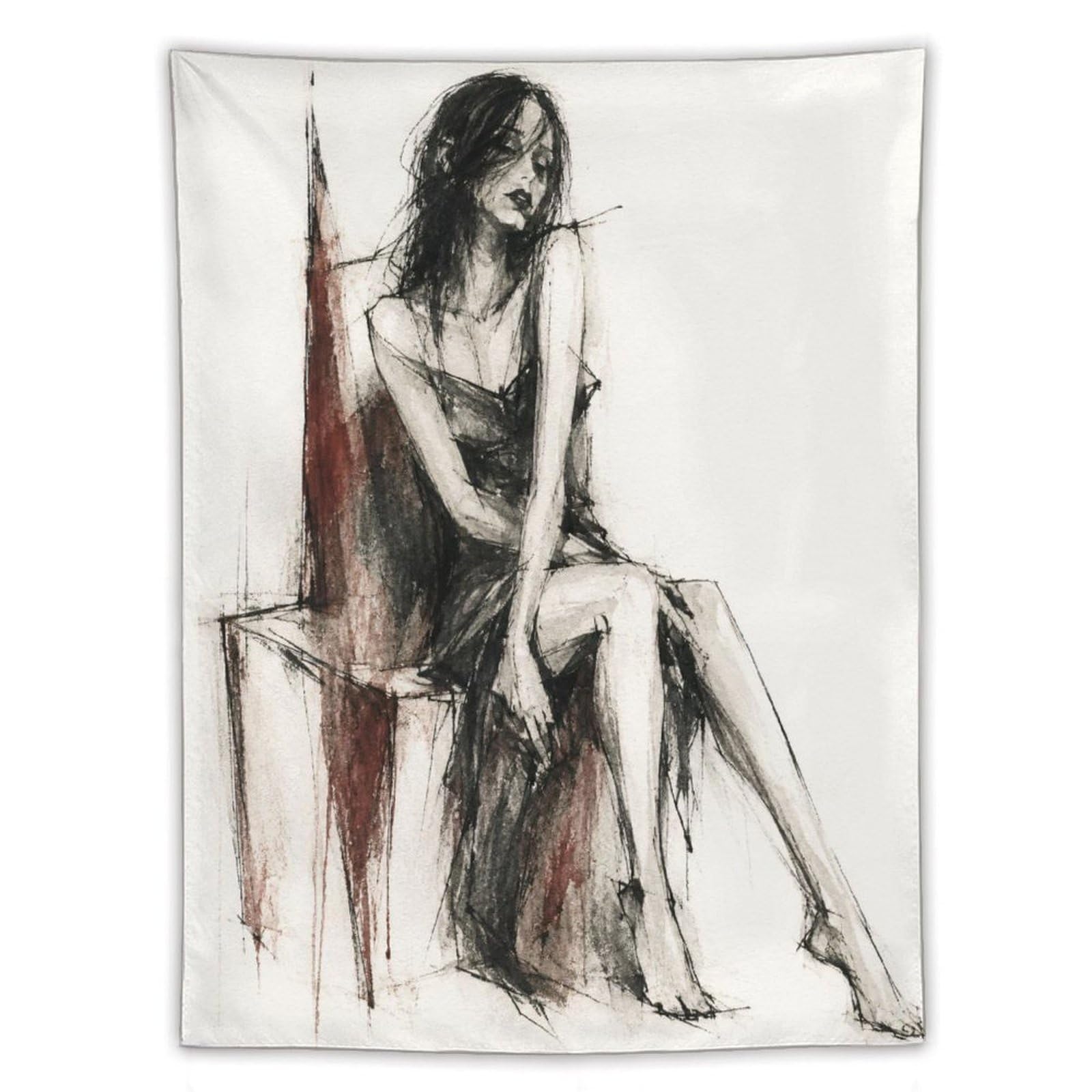 W7C8U2X3 Seated Woman Charcoal Sketch Wall Tapestry, Reading Corner