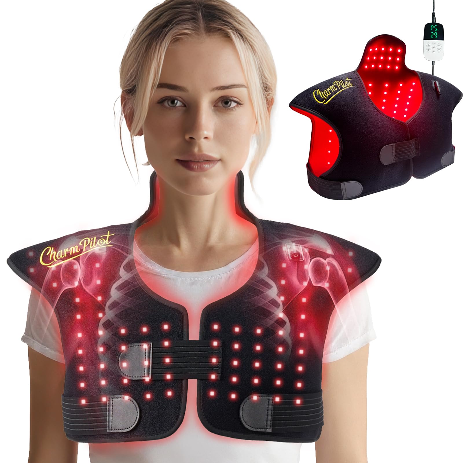 Photo 1 of Charmpilot Red Light Therapy for Shoulder & Neck, 165LEDs 3-in-1 Chip, Wearable Pain Relief Pad, Infrared Light Therapy Warp for Upper Back, 660nm&850nm, Power Adjustable (Black)