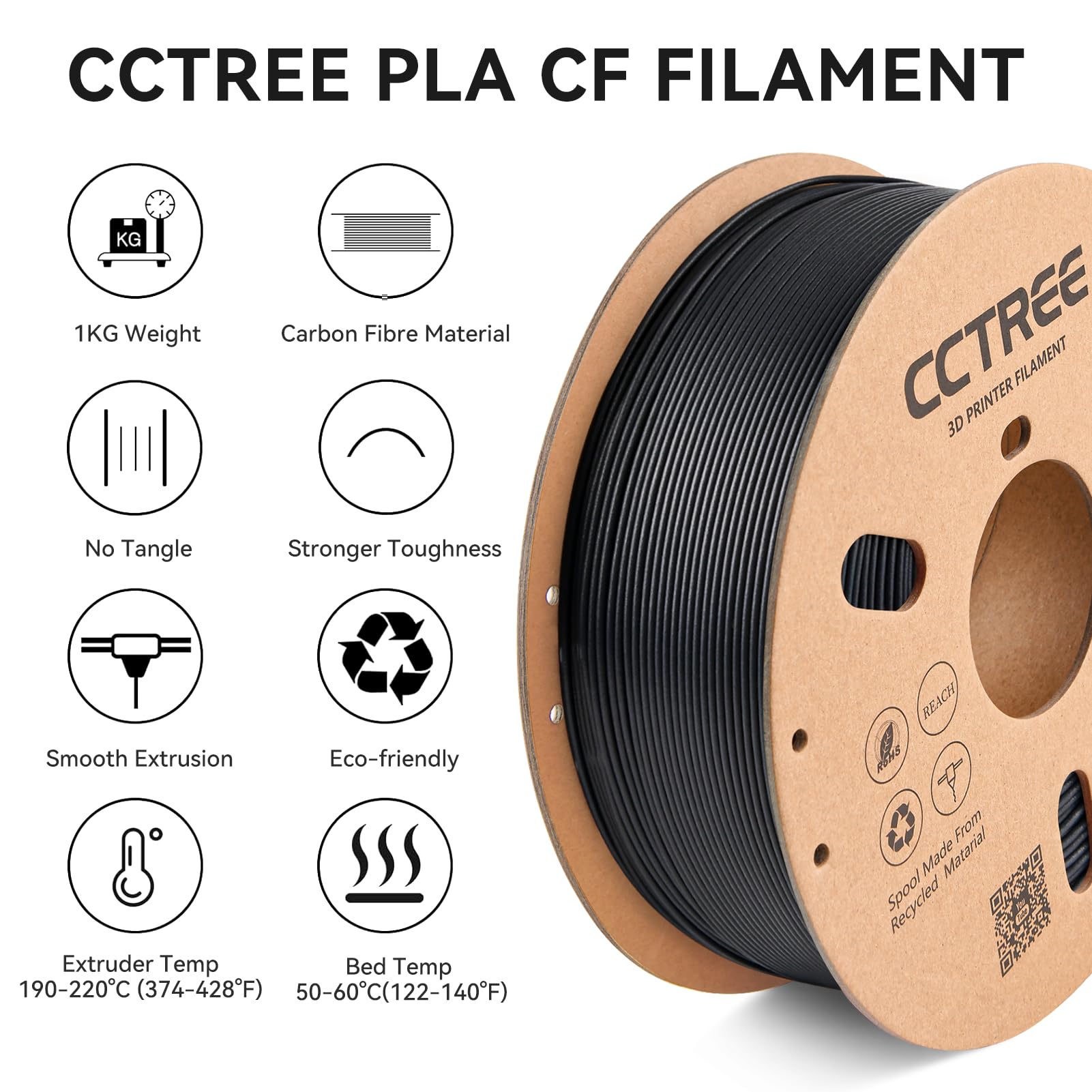 CCTREE Carbon Fiber PLA Filament 1.75mm, Carbon Fiber Reinforced PLA 3D Printer Filament, Dimensional Accuracy +/- 0.03mm, 1KG Spool (2.2 LBS), 3D Printing Filament for 3D Printers, Black
