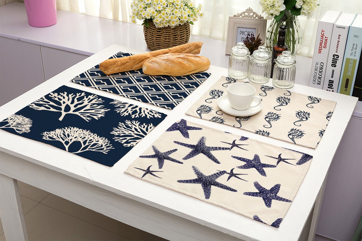 hacaso 6ピースコットンリネンプレースマット Amazon | hacaso Ocean Creaturesパターンコットンリネンプレース