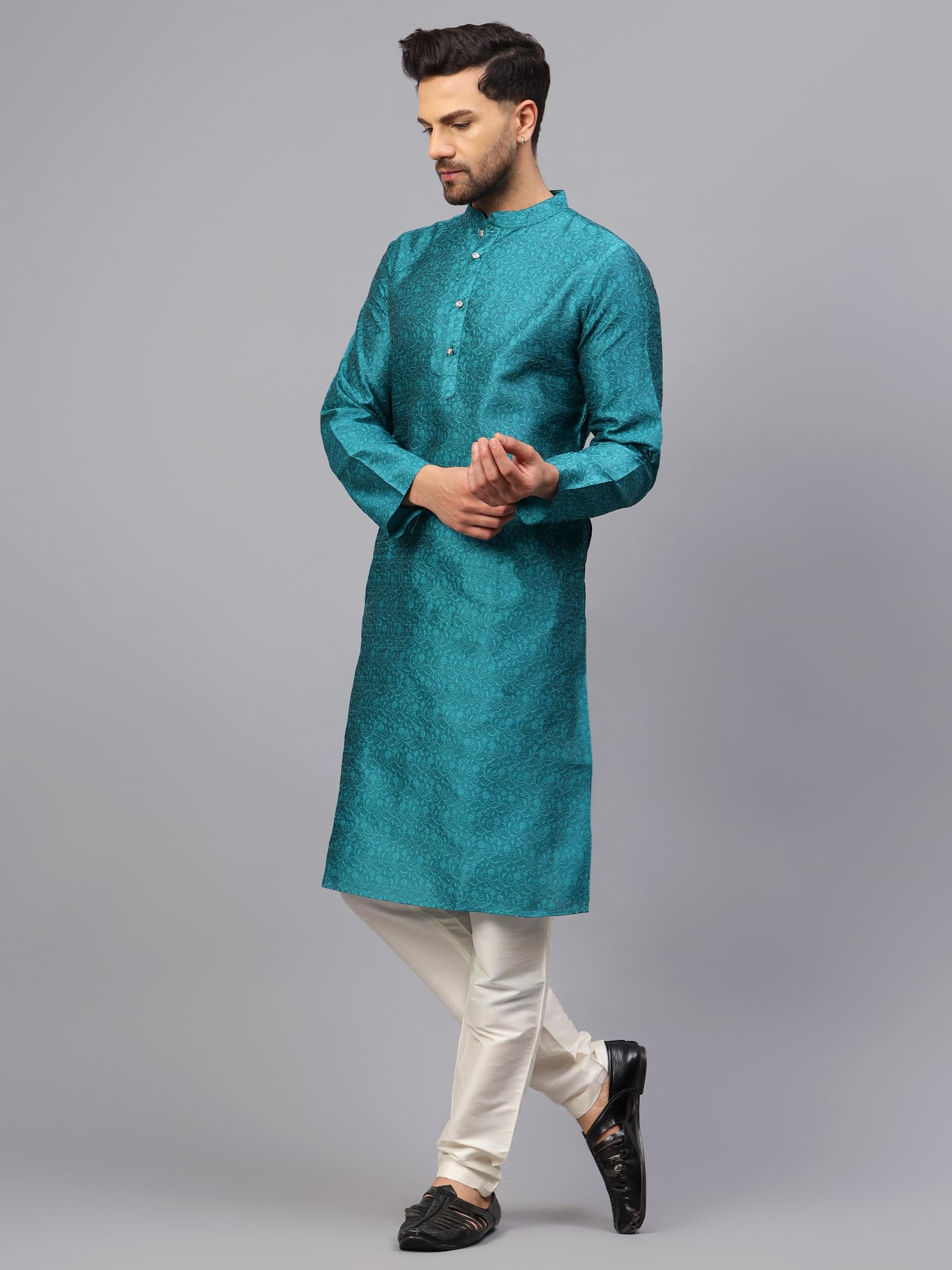 LATEST CHIKAN Men's Silk Blend Jacquard Kurta Set with Off-White Pant Style Pajama | Festive&Wedding-Ethnic-Wear -KP-SB-TL-38 - Image 5 thumbnail
