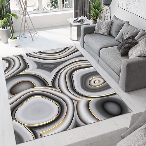 Alfombra abstracta con diseño de remolinos de mármol gris, con círculos irregulares dorados en blanco y negro, antideslizante, lavable a máquina,