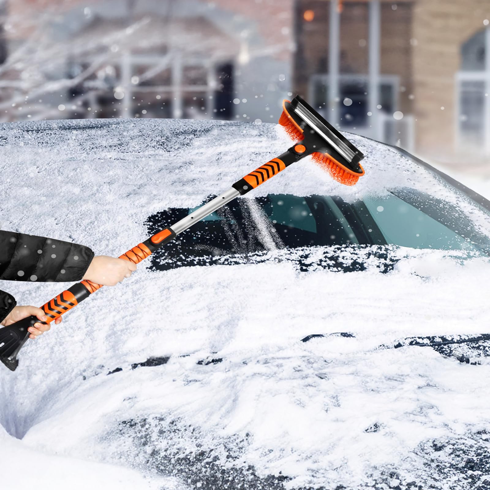 Magshion 4 in 1 Eiskratzer und Bürste Combo für Auto Notfall Schneeschaufel, Ausziehbarer Schneebesen mit Schaumgriff 180° Schwenkbarer Bürstenkopf Schneeschaber für Auto, LKW, Van