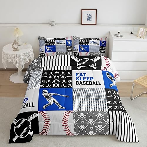 Erosebridal Juego de edredón de béisbol tamaño Queen, juego de ropa de cama de béisbol para niños, edredón cálido de pelotas de bate de béisbol,
