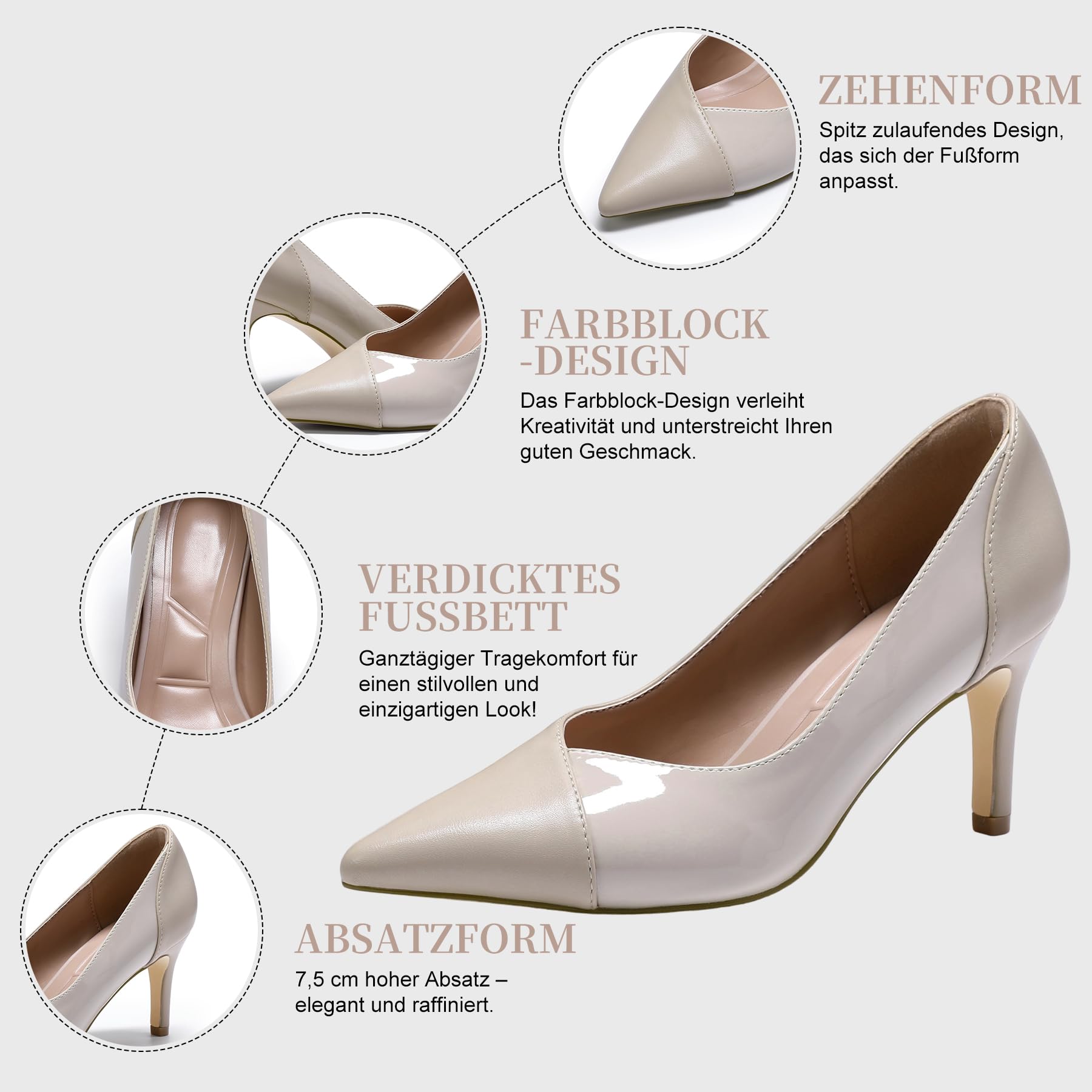 YYNUDA Damen Pumps Elegante High Heels PU-Leder & Lackleder-Akzente Hochhaltschuh Spitz Zehen Kleid Schuhe Farbblock-Design Bequem Beruf Alltag Partei Hochzeit