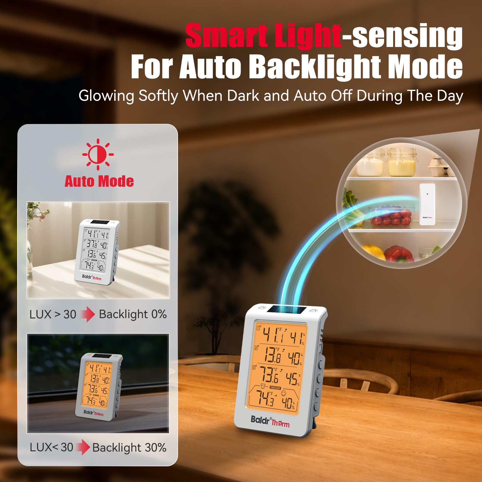 BaldrTherm Thermomètre hygromètre sans fil à trois canaux, grand écran de température et d'humidité, rétroéclairage automatique intelligent, portée de 100,6 m et alertes en temps réel pour intérieur