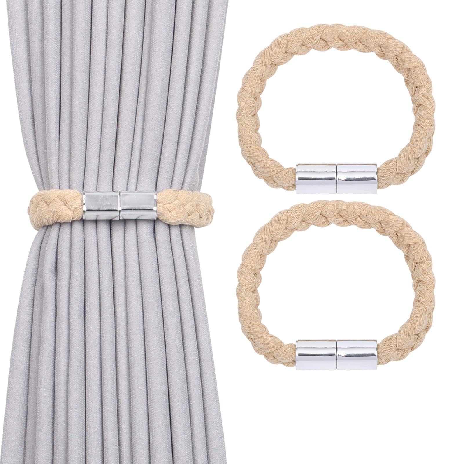 Pretty Jolly 2 Pack Twisted Braid Rope Magnetic Curtain Tiebacks Elegant Hand-Woven Style Drape Tie Backs Soft Natural Cotton Rope Curtain Holdbacks for Home & Office Window Draperies (Dark Beige)
