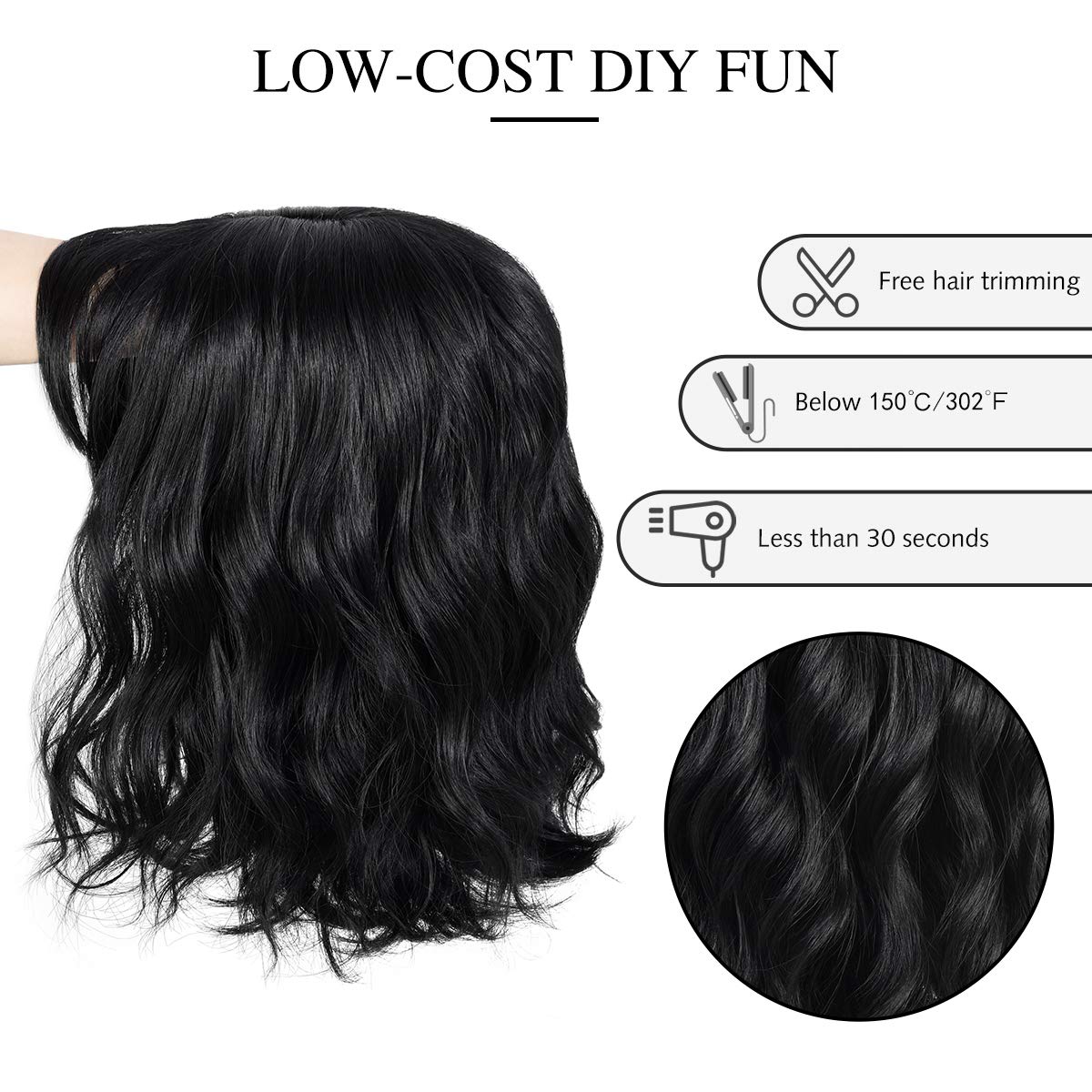 Yamel Wavy Bob Wig with Bangs Black Wig Natural Synthetic Hair Shoulder Length Short Curly Wigs for Women - Image 4