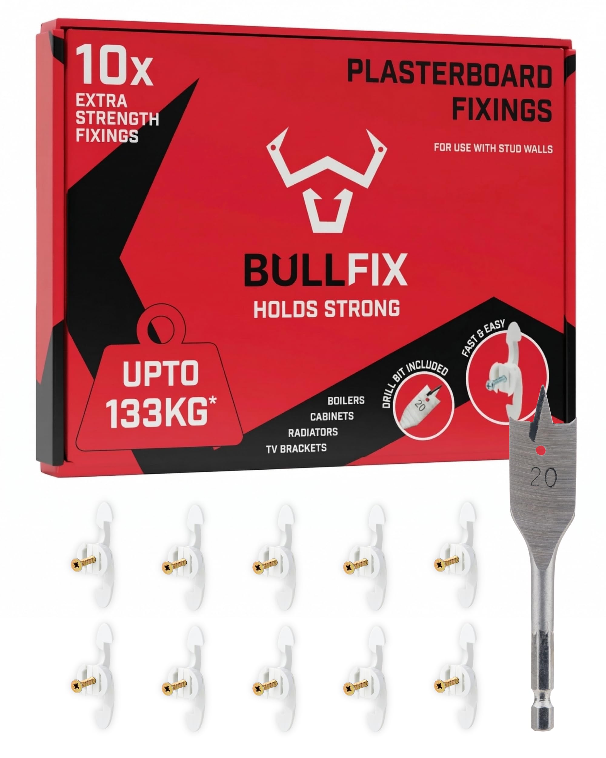 Bullfix Extra Plasterboard Fixings Heavy Duty Pack - Starter 10 Pack, Drywall Anchor for Insulated Plasterboard, Stud & Hollow Cavity Wall Anchor Kit with Screws, Holds up to 133kg, 20mm Drill Bit