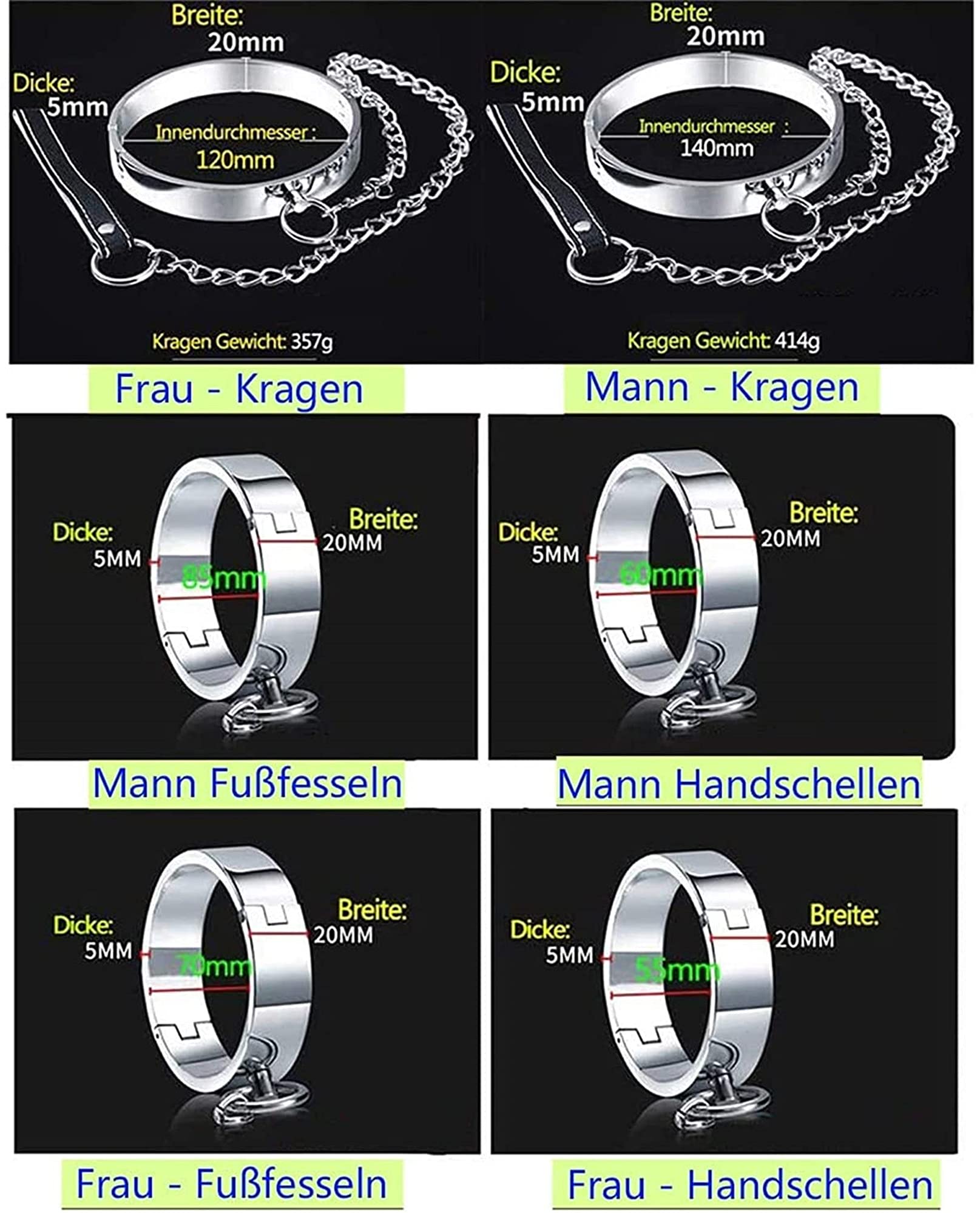 3 Pcs Set Metall Fußfesseln Handschellen Halsband - Komplettes Edelstahl Bondage Kit/Fesselset für Hals, Hände und Füße - Slave Fetish Erwachsene BDSM Sexspielzeug,Frau/3 set,Silber