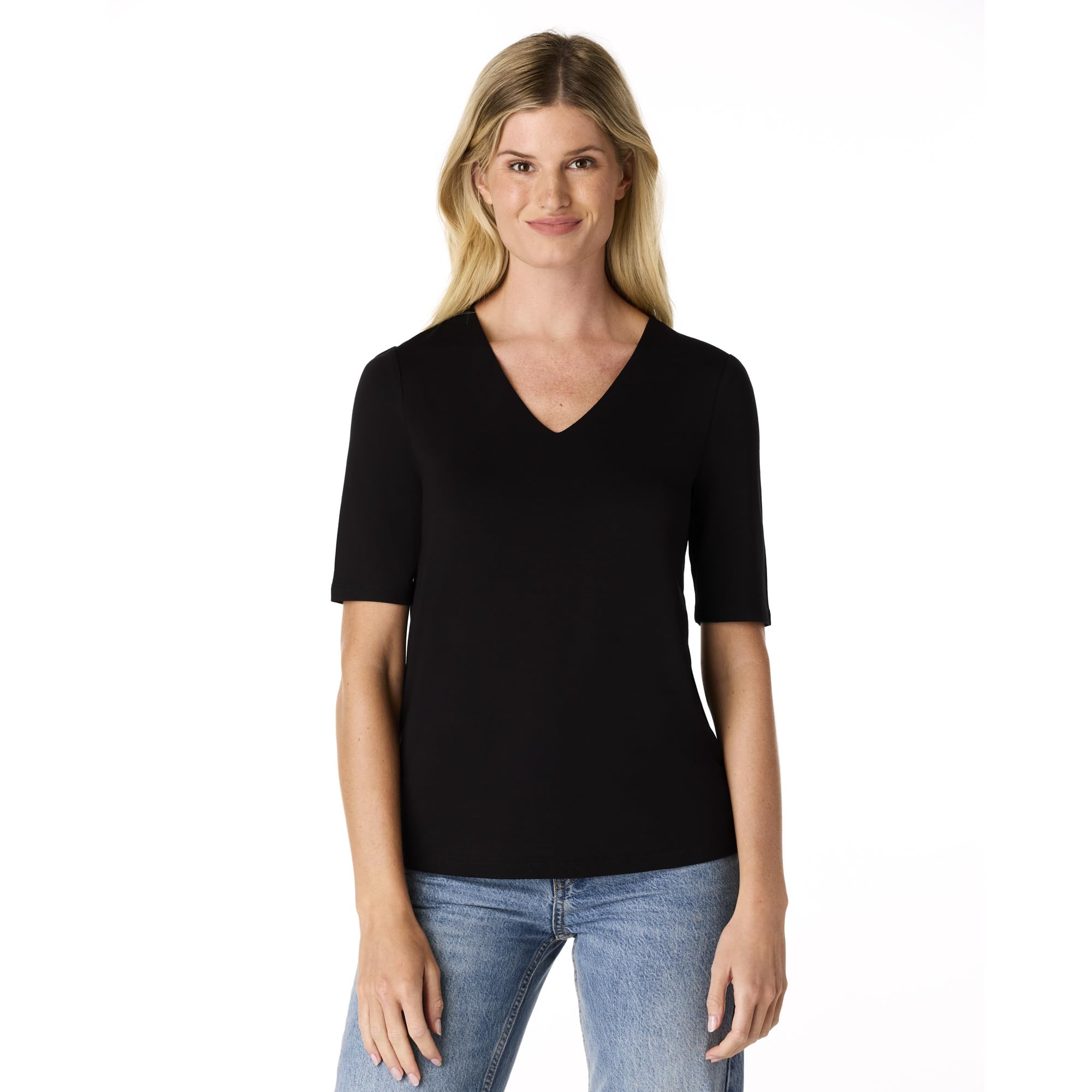 Photo 1 of Cable & Gauge Women's Juliana Crepe V-Neck Top - Flattering Elbow-Length Sleeves, Soft Viscose Spandex Fabric, Sleek Casual Tee - JetBlack, M