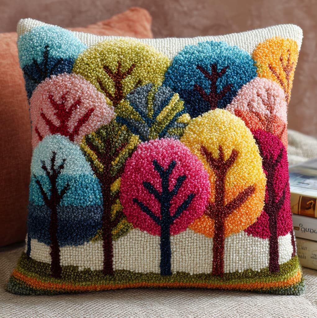 Henypt Latch Hook Pillow Craft Kit 43x43cm,Cartoon Tree 17x17 Inch,Complete Starter Kit with Tools and Yarn for Beginners & Craft Enthusiasts