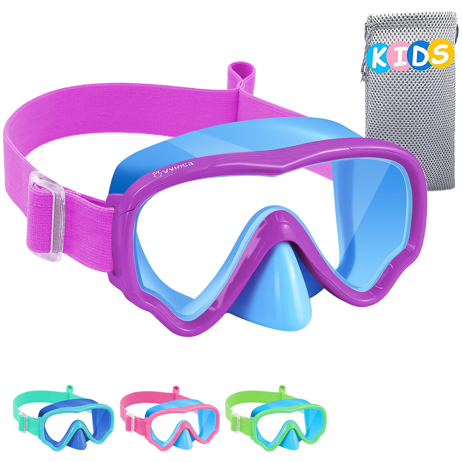 Vvinca Taucherbrille Kinder mit stoffband, Schwimmbrille Kinder für 3-14 Jahre Jungen Mädchen, Schnorchelmaske 180° Panorama Anti-Leck Tauchmaske