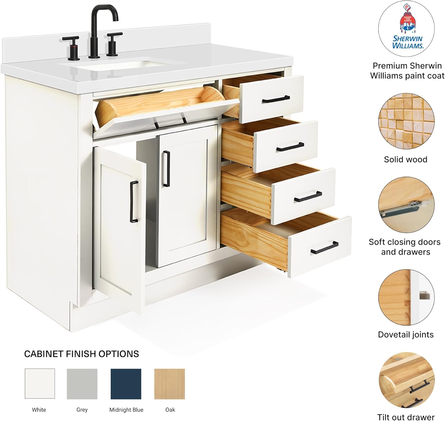 DKB Isabella 42-Inch White Single Bathroom Vanity with Left Rectangular Undermount Sink, 1.5-Inch Pure White Quartz Countertop, Solid Wood Frame, 2 Soft Closing Doors, 5 Dovetail Drawers, Toe Kick