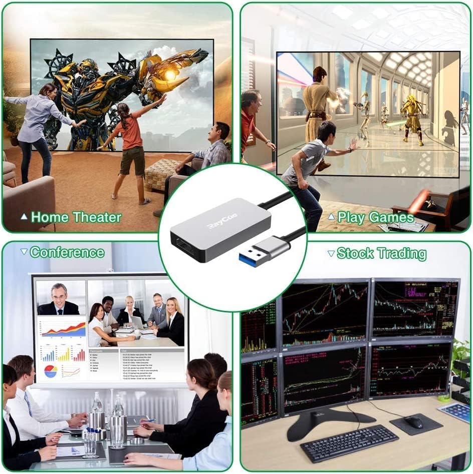 Various usage scenarios for the USB to HDMI adapter, including home theater, gaming, conference, and stock trading setups.