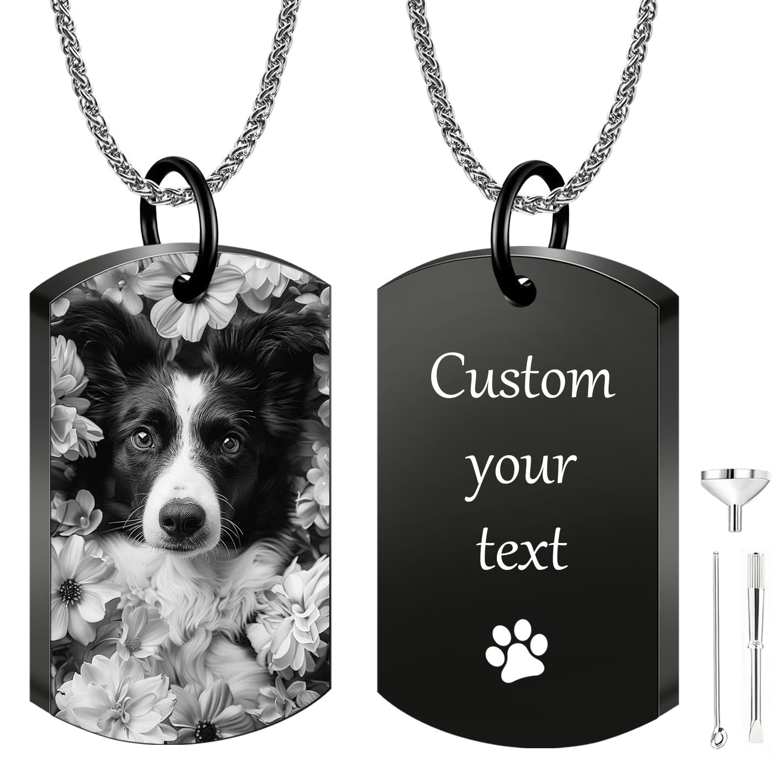 Iwe Personalised Dog Ashes Necklace – Custom Pet Ashes Necklace with Photo and Text Memorial Keepsake for Dog Loss (Black-JG)