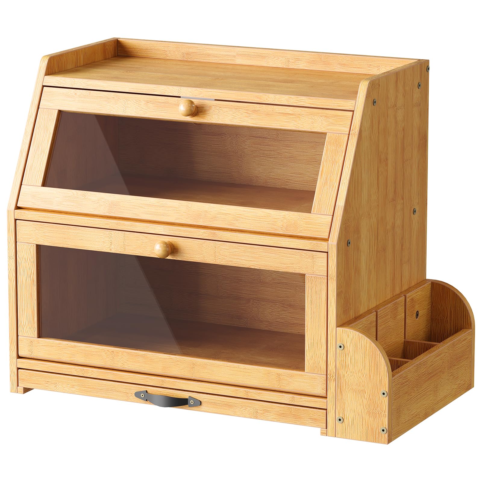 HOOBRO Boîte à Pain en Bambou, Armoire à Pain 2 Niveaux, Planche à Découper, Porte-Couverts et 2 Couvercles Transparents en Acrylique, pour Cuisine, Salle à Manger, Bambou Naturel EYL23MB01