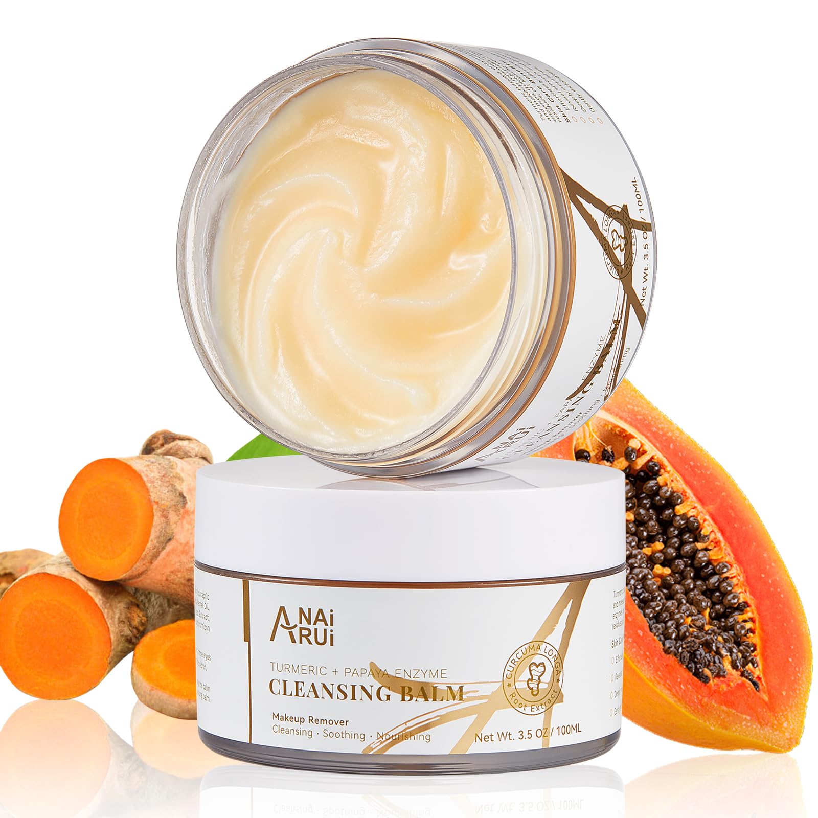 ANAiRUi Bálsamo limpiador con cúrcuma papaya, desmaquillante de cúrcuma para limpieza facial, exfoliante, reducción de manchas oscuras, acné, piel lisa, limpiador de la piel, 3.5 oz