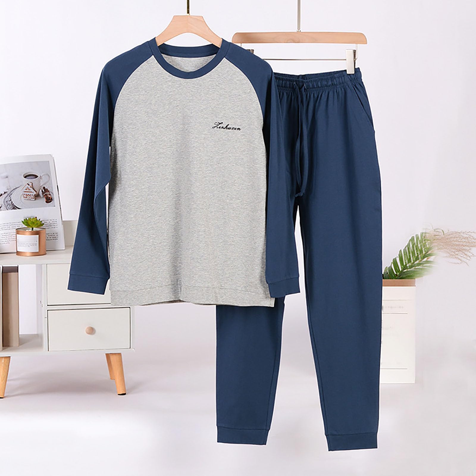 Pijama de hombre de manga larga para primavera y otoño, con bloqueo de color, delgado, se puede llevar fuera de la vivienda