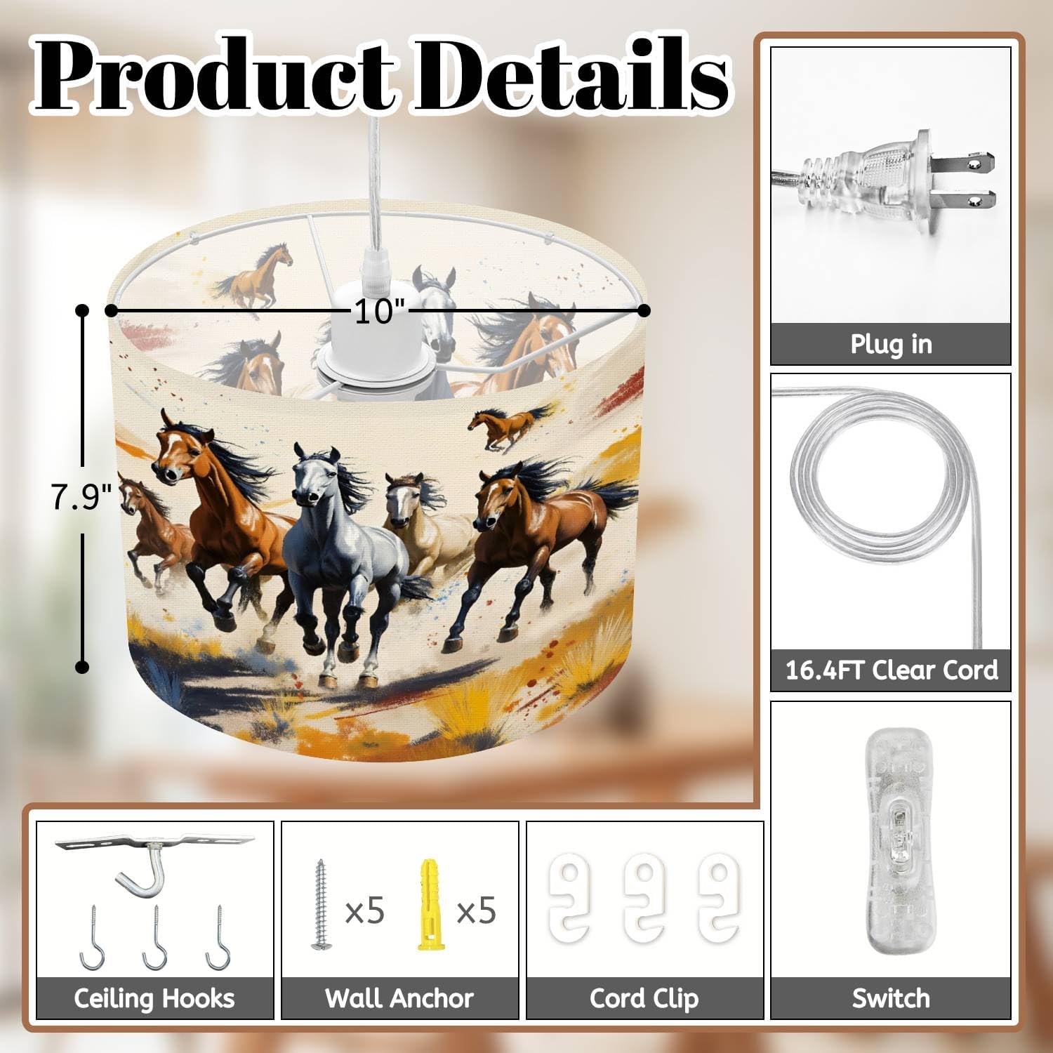 Plug in Pendant Light Western Desert House Animals Boho Wild Horses Flowing Manes Grass Hanging Light with Plug in Clear Cord Dimmable Switch Linen Shade Hanging Lamp Fixture for Bedroom Kitchen