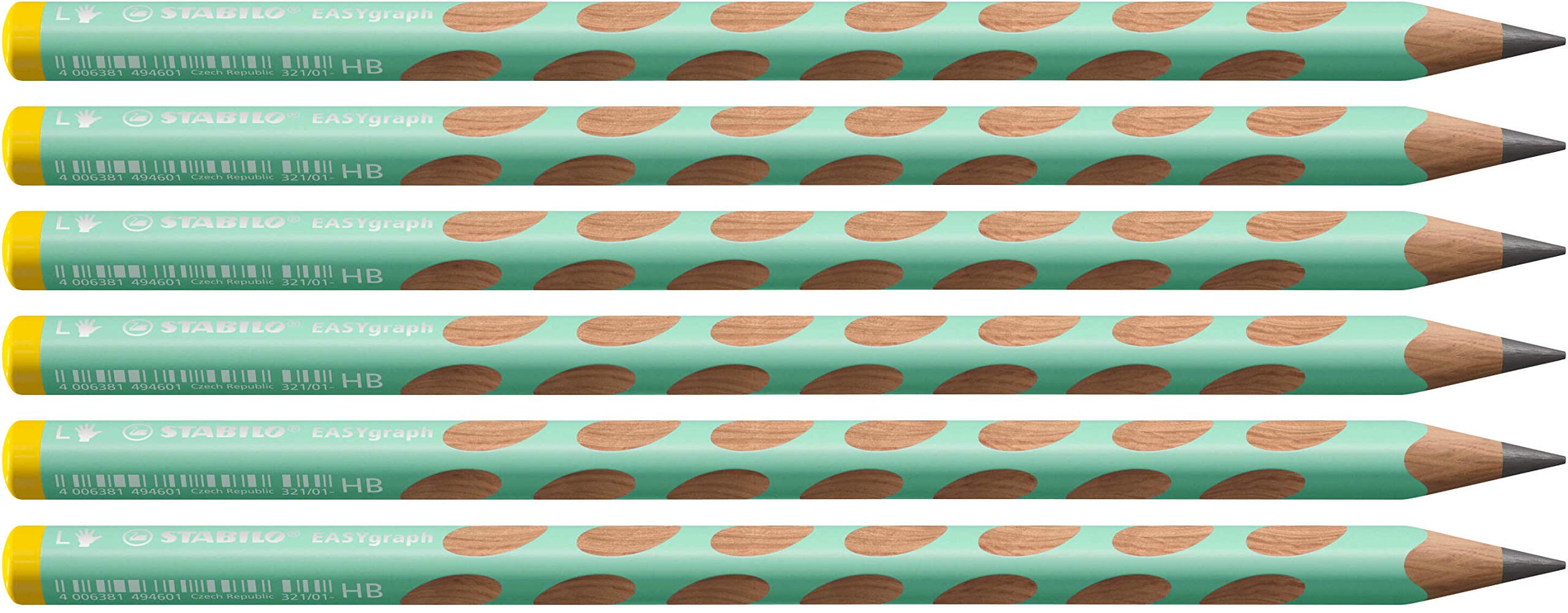 Lápiz de grafito ergonómico STABILO EASYgraph Pastel Edition - Caja con 6 unidades color de cuerpo verde pastel - Modelo para zurdos