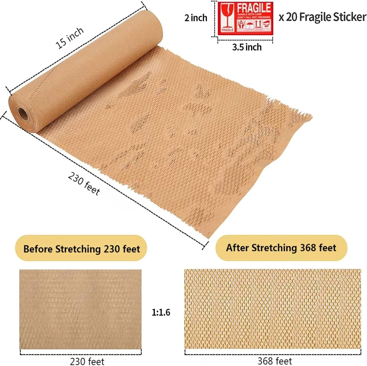 Papel de embalaje de panal, 15 pulgadas x 300 pies, material de amortiguación reciclable, respetuoso con el medio ambiente, envoltura de burbujas para mudanzas, suministros rompibles con 20