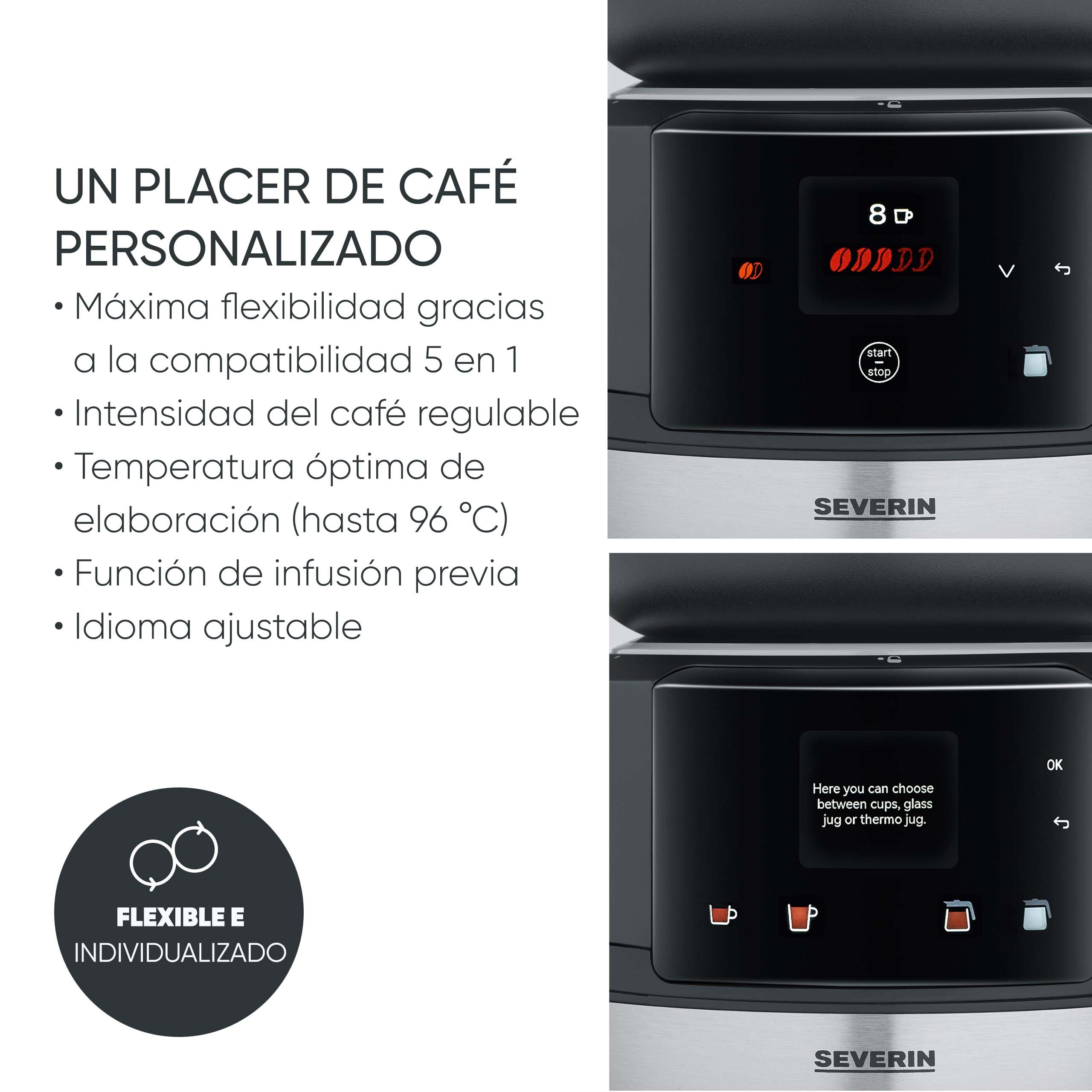 SEVERIN FILKA, cafetera de filtro totalmente automática, cafetera de filtro 5 en 1 con pantalla LED, molinillo, con jarra termo, negro mate/acero inoxidable, KA 9695