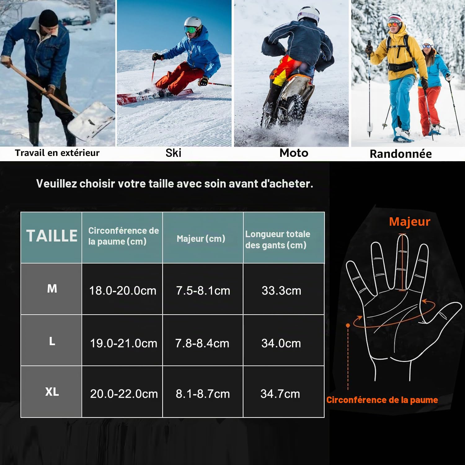 Loowoko Gants Chauffants avec Batterie 7.4v 3000mah × 2, 3 Niveaux de Chauffage, imperméables, écran Tactile, Gant Chauffant USB pour Le Travail en extérieur, Moto, Velo, Ski, Escalade, randonnée