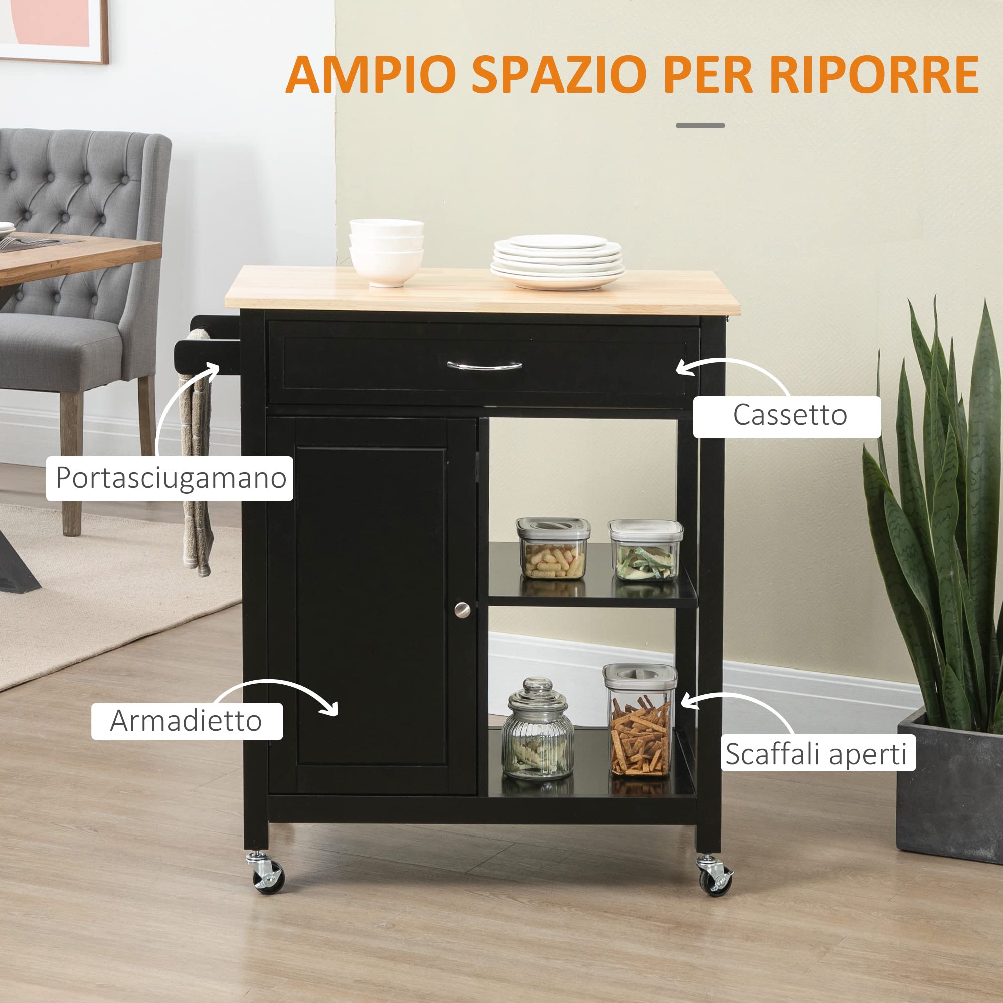 HOMCOM Carrello da Cucina in Legno con Cassetto, Armadietto e Ripiani, Carrellino Portavivande con Ruote, 83x45x88cm, Nero
