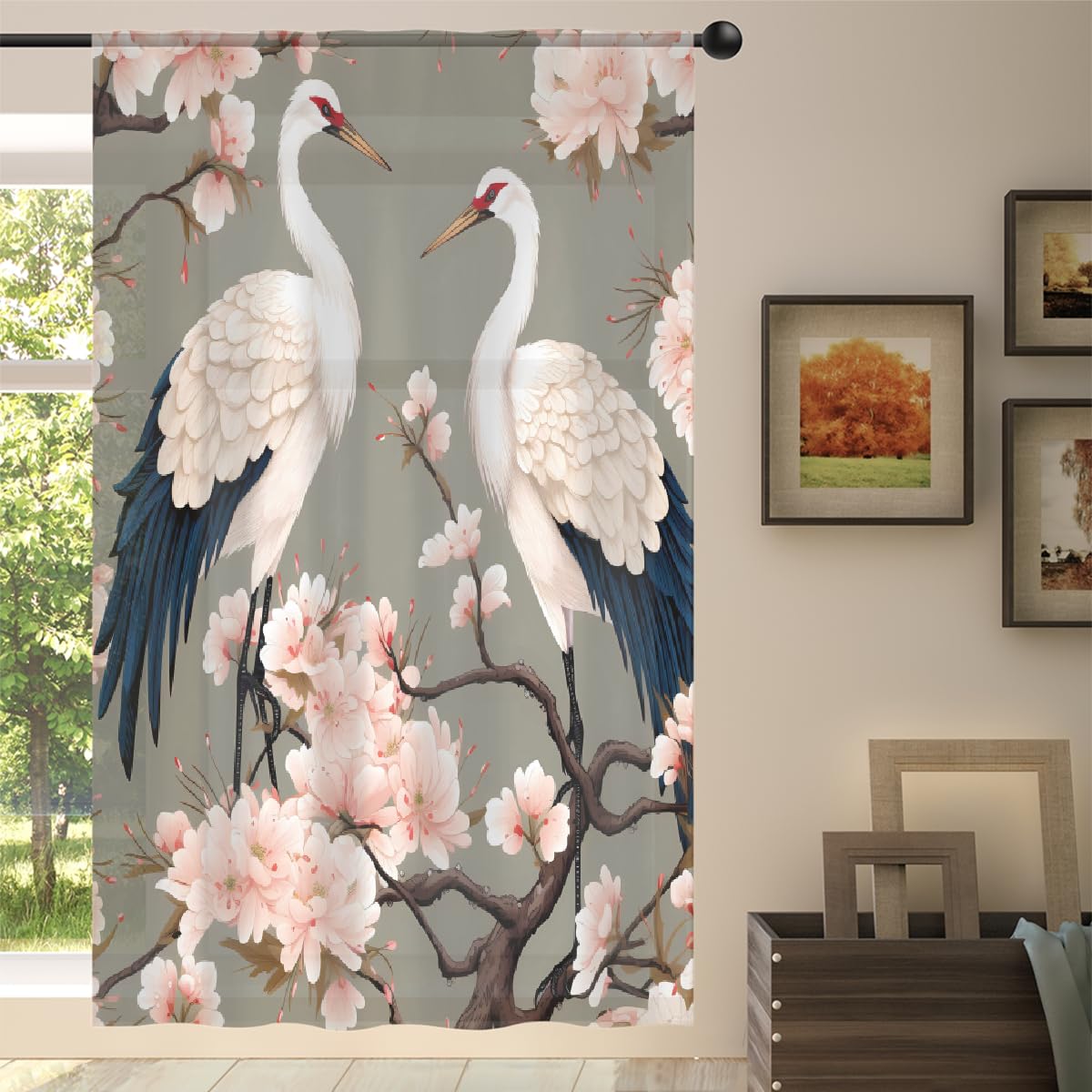 Mexpekil Japanese Cranes Cherry Blossom Voile Curtains 78 Drop, Semi Sheer Curtains for Living Room Bedroom Home Kitchen, 55 inches Wide, 1 Panel