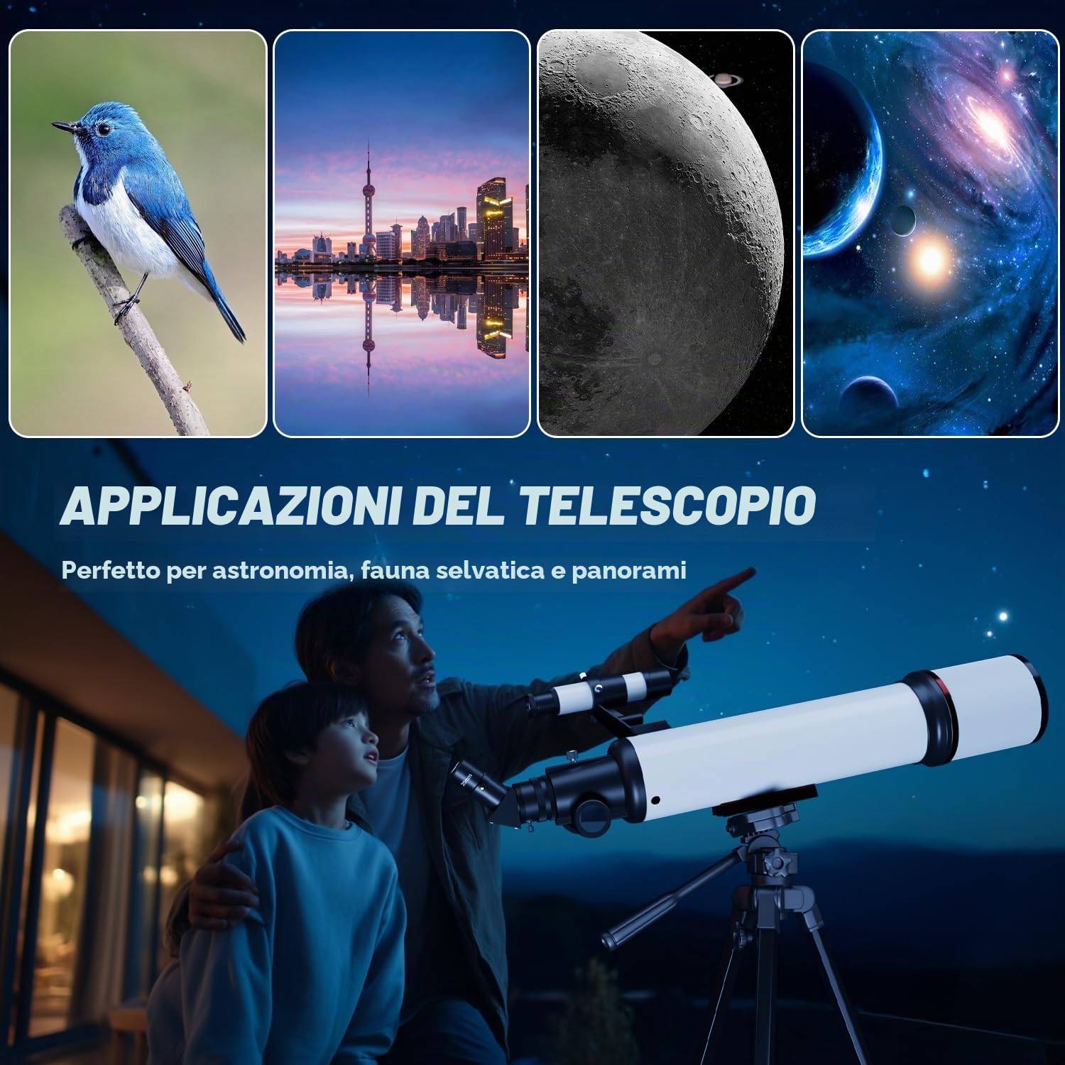 Coolifepro Telescopio Astronomico Professionale, 90/700mm Portatile Telescopio Rifrattore per Bambini e Principianti con Treppiede Regolabile, Adaptador para Teléfono, Filtro Lunare, Borsa
