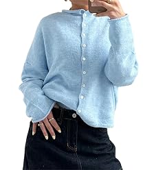 Women Striped Cardigan Sweater Y2k Vintage Casual Button Down Crew Neck Knitwear Tops