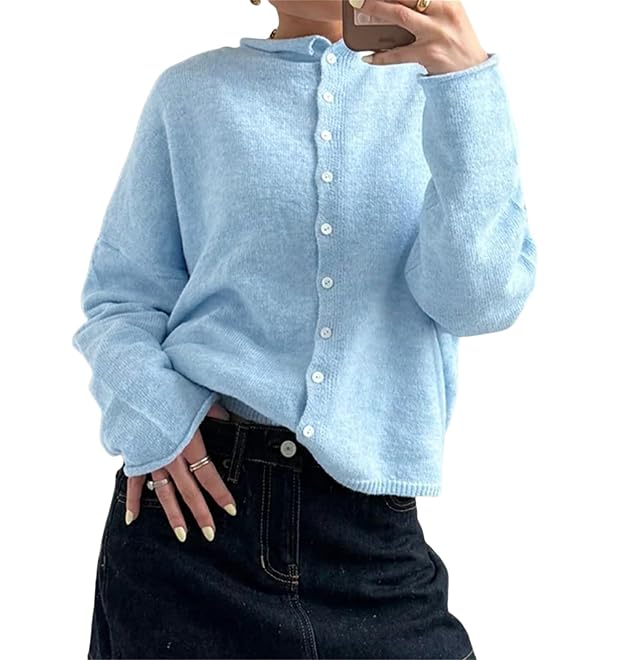 Women Striped Cardigan Sweater Y2k Vintage Casual Button Down Crew Neck Knitwear Tops