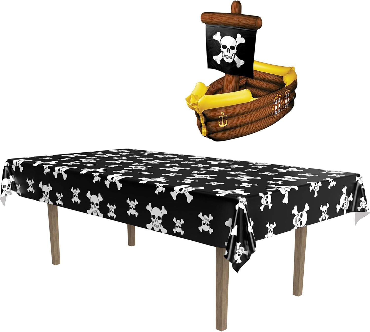 Beistle Pirate Party Decoration Bundle – Inflatable Pirate Ship Cooler and Skull & Crossbones Plastic Tablecover, Fun Nautical Theme Décor for Birthdays, Treasure Hunt Parties and Ocean Adventures