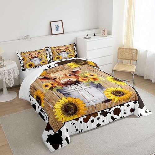 Miniatura 4 de Manfei Juego de edredón de ganado Highland tamaño Queen, edredón de plumón de girasol amarillo con 2 fundas de almohada, juego de ropa de cama con