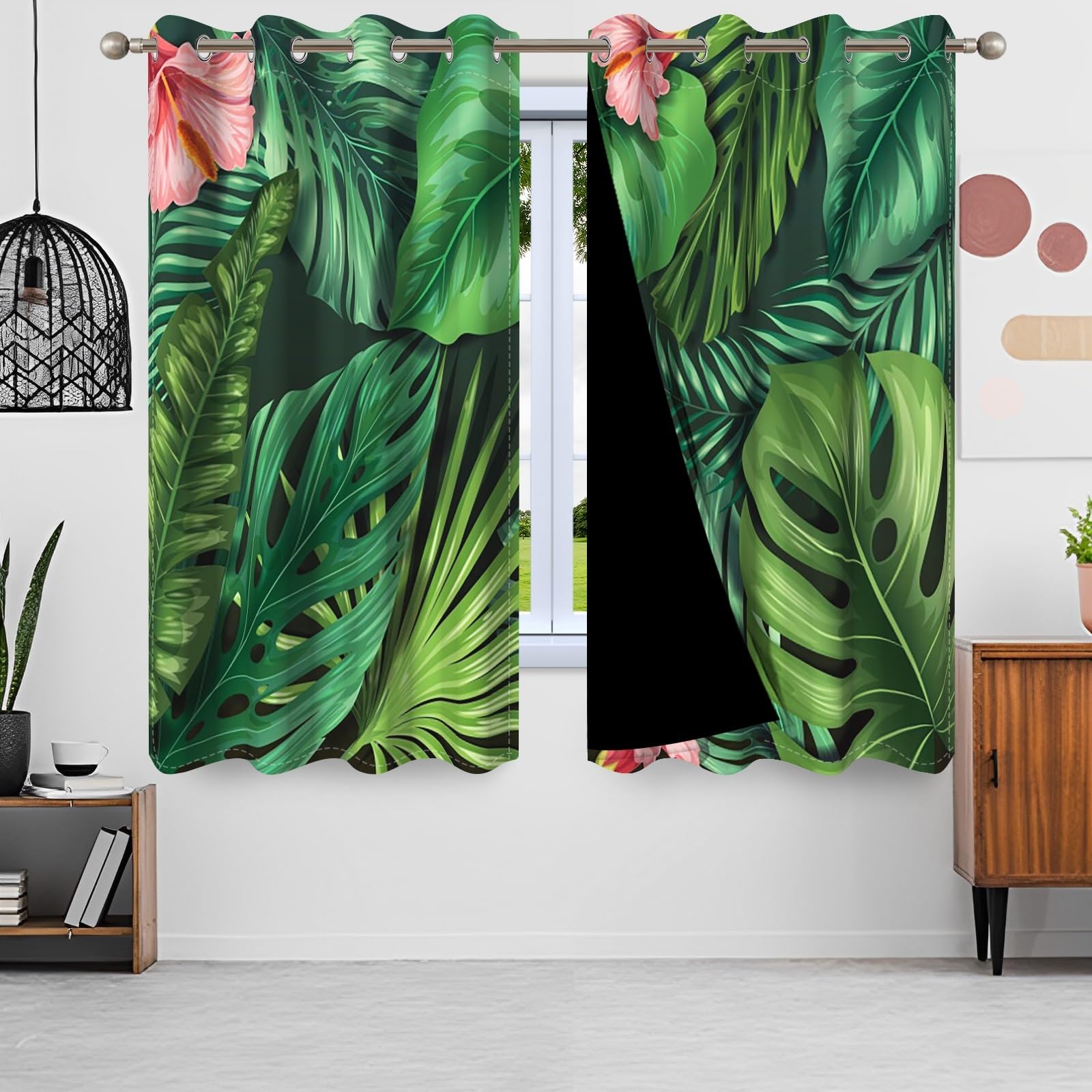 107x160cm Rideaux à œillets Feuilles Tropicales Feuilles de Palmier Vertes Fleur Rose Impression Rideaux isolants Thermiques occultants pour Chambre Salon Salle à Manger,2 Panneau