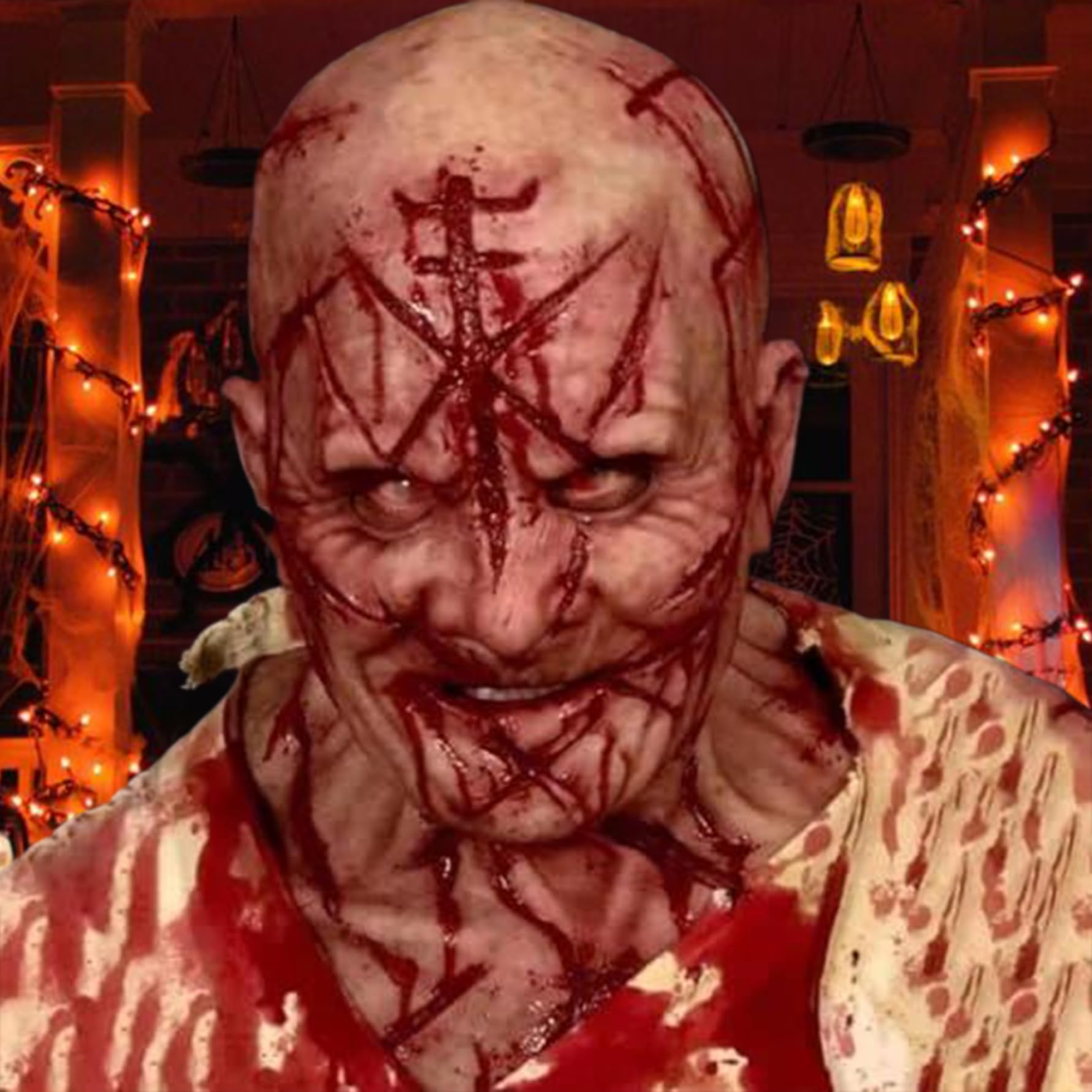 Maschera realistica per testa calva in lattice, maschera horror di Halloween con cicatrici sanguinanti e fori di ventilazione