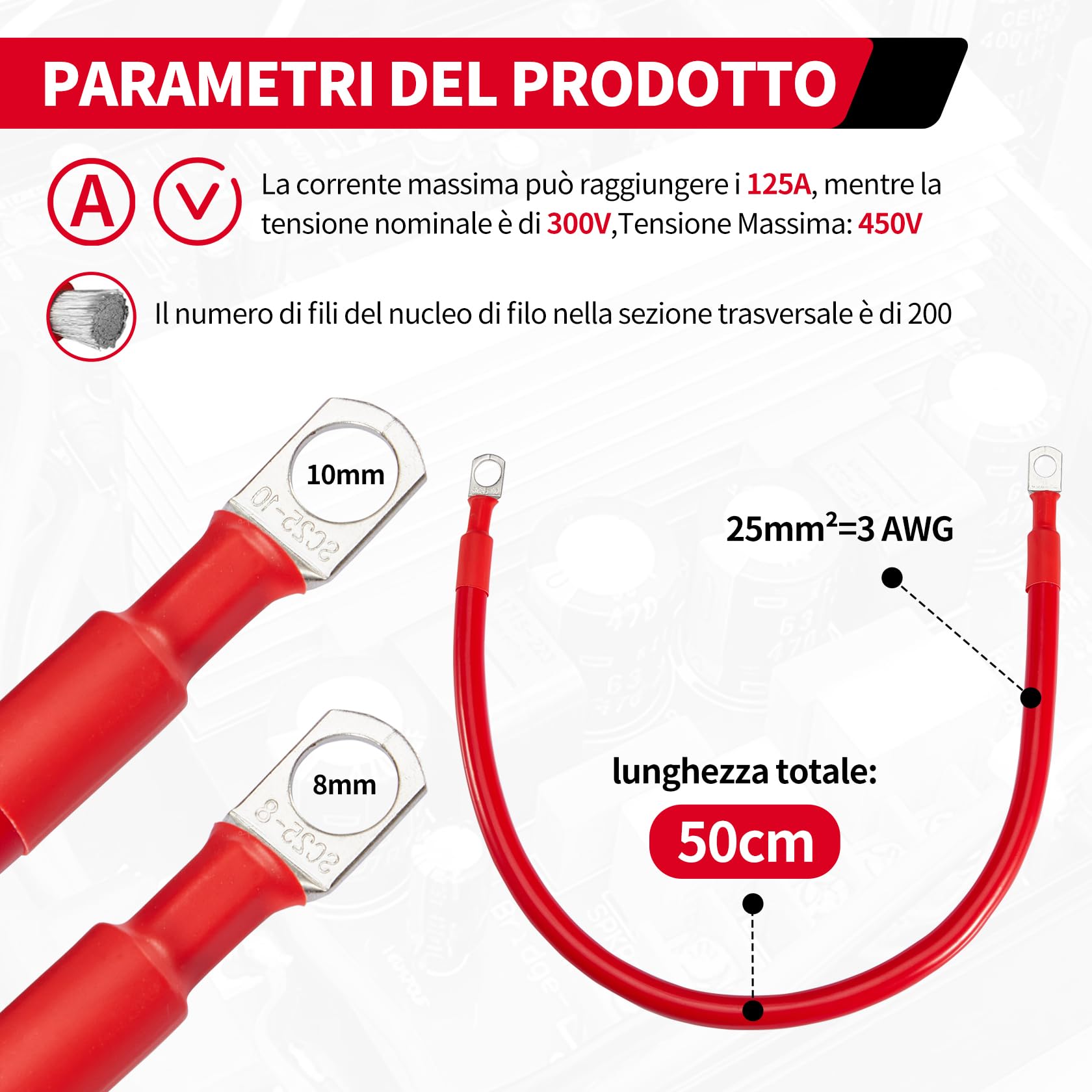 CarBole Cavi Batteria 25mm² 3AWG, 50cm, Cavo Batteria Auto 12V | Cavo Inverter Batteria, Fili di Rame Stagnato, Terminali di Rame Stagnato, Eccellente Conducibilità Elettrica