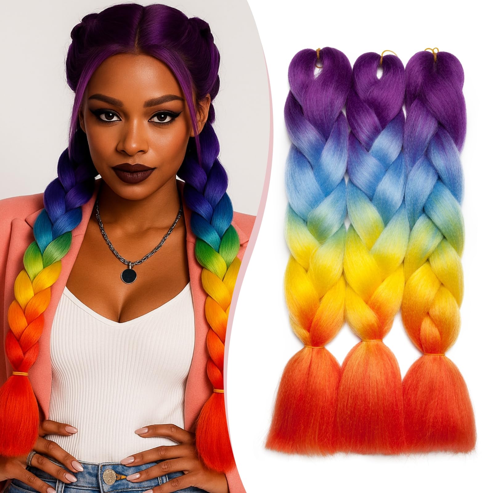 SEGO Pro Braiding Hair Extensions 24 Inch Yaki Synthetic Jumbo Box Braid Hair for Crochet Twist Braids for Women Pack of 3 (Purple to Blue to Yellow to Orange)