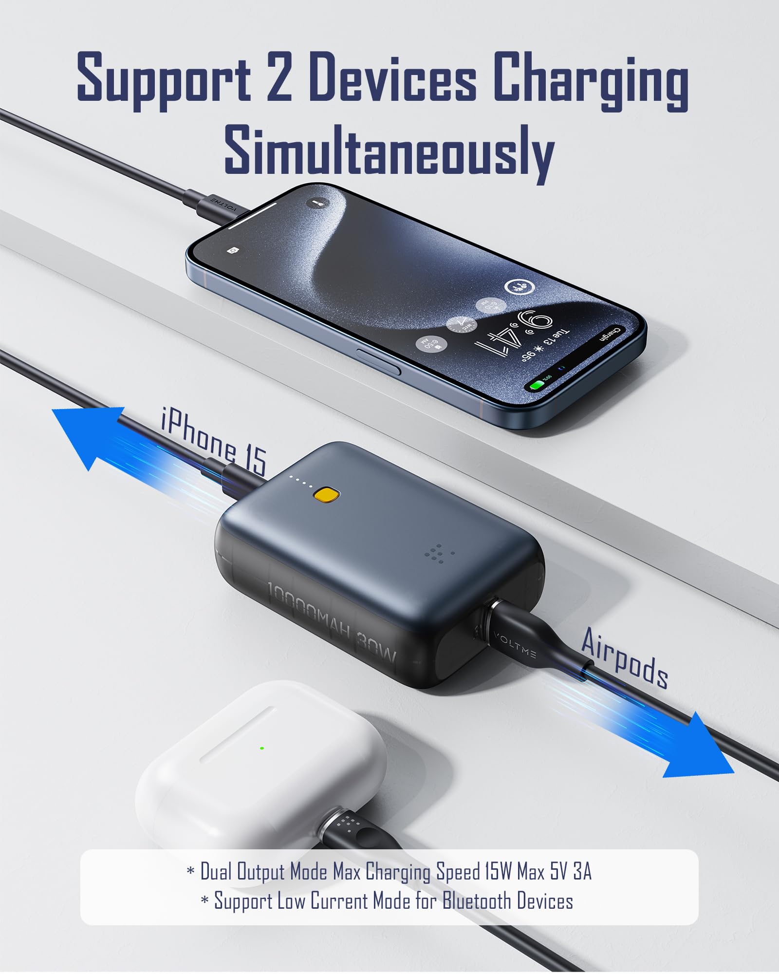 VOLTME Power Bank 10,000mAh USB-C PD30W, Caricatore Portatile Ricarica Rapida 2-Port,USB-A 22.5W Hypercore 10K Pro blu, Batteria esterna piccola e piatta per il viaggio carica veloce smartphone