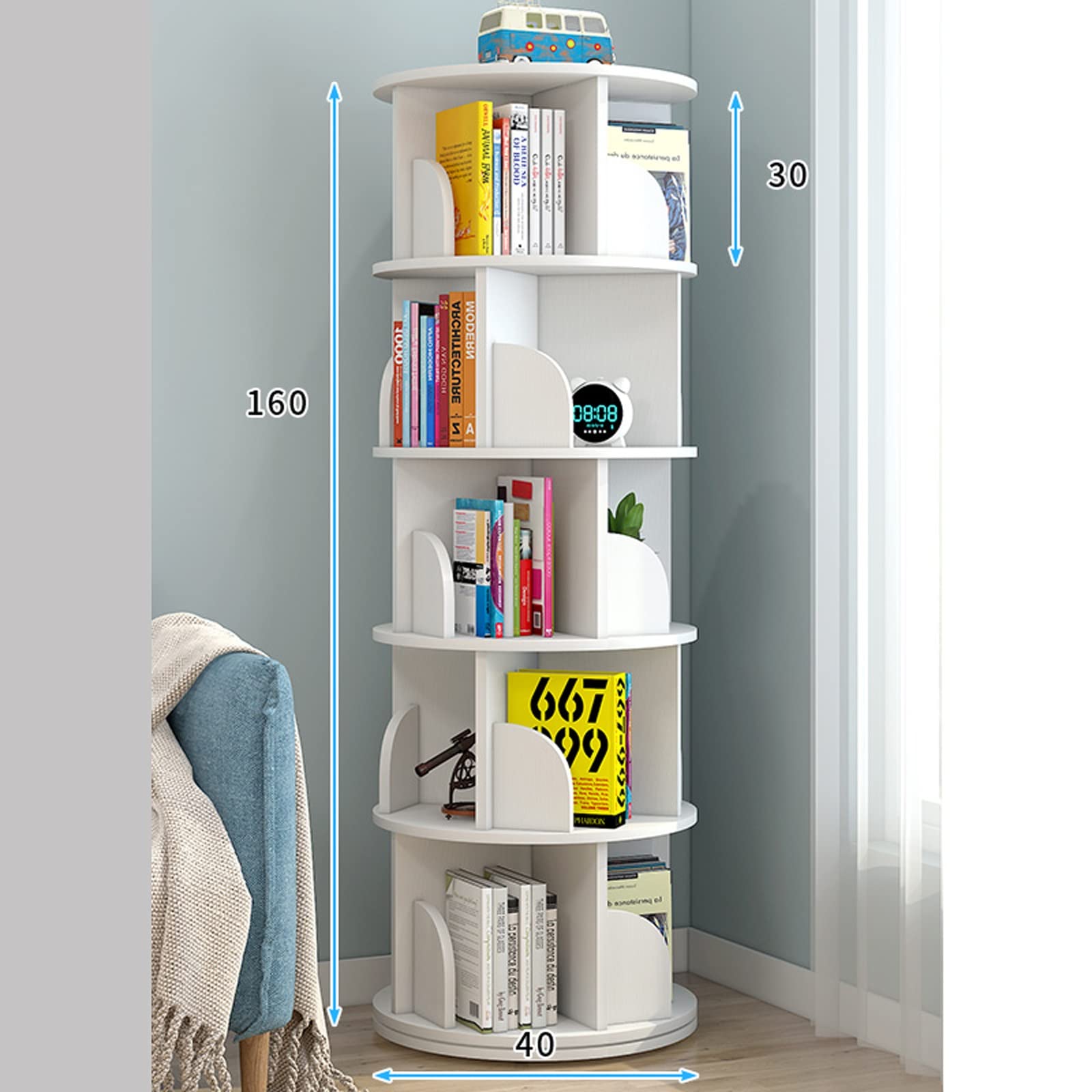 Libreria per libri illustrati per bambini, girevole a 360 gradi, dal pavimento al soffitto, colore bianco, 40 x 160 cm