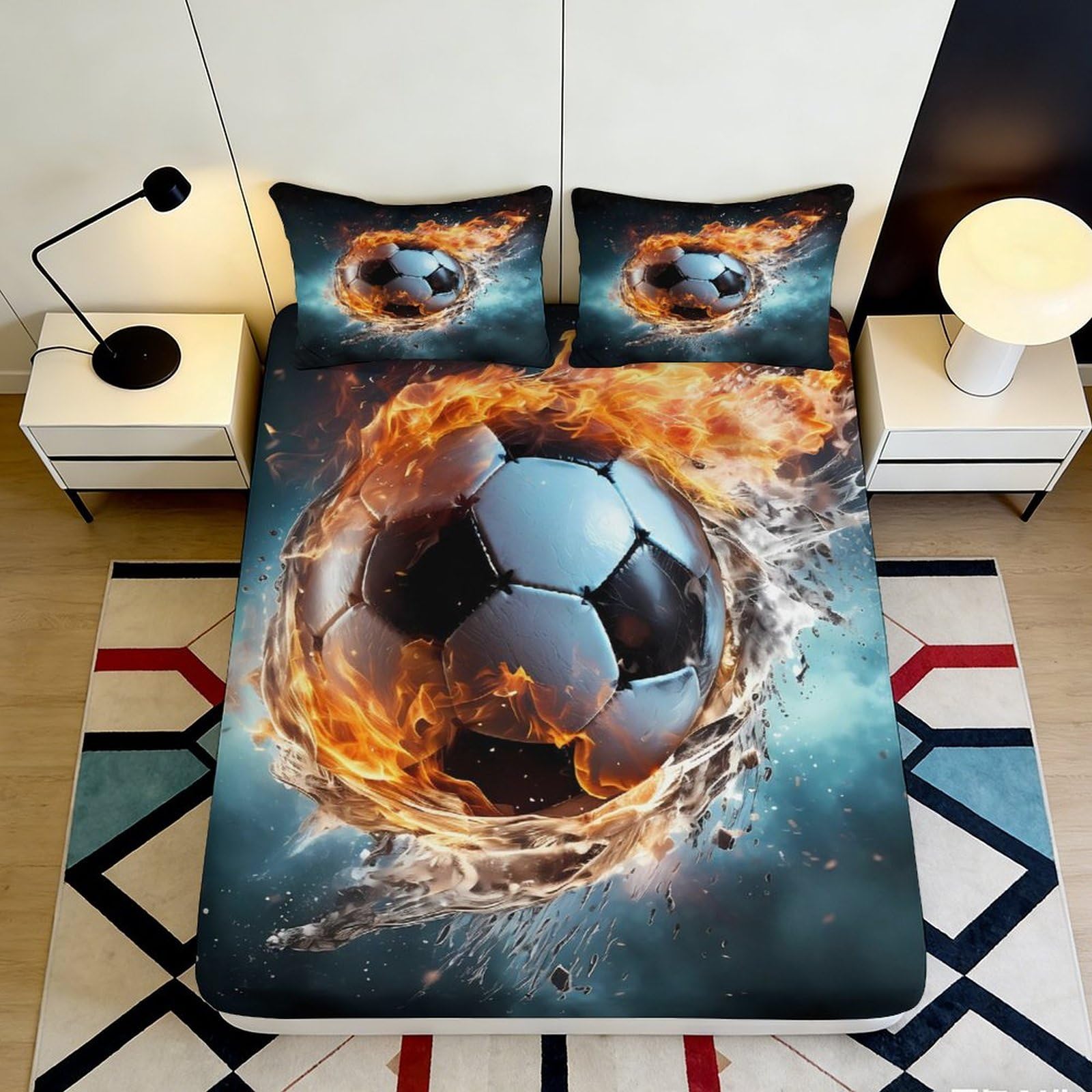 3D Printed Flaming Soccer Ball Fitted Sheet Microfiber Soft Breathable Fiery Football Bed Cover for Bedroom Dormitory Guest Room Mattress Protection Decor 90x200x25cm