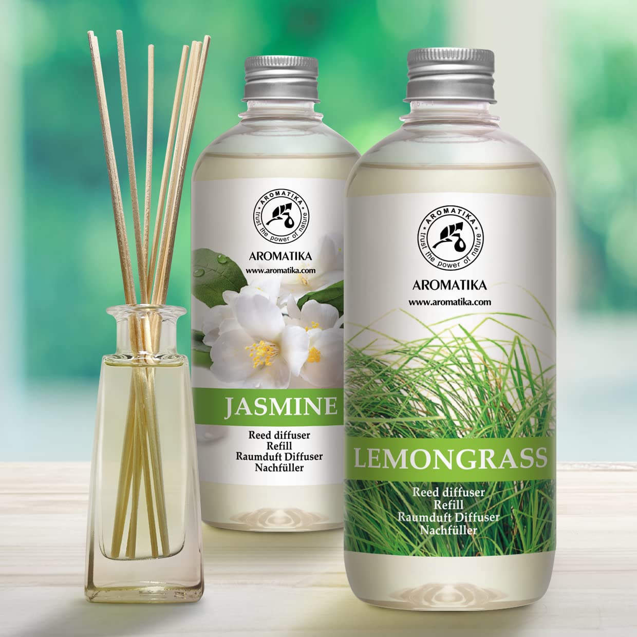 Recharge Diffuseurs de Parfum 2x500ml - аvec Arôme Lemongrass & Arôme de Jasmin - Parfum Frais et de Longue Durée - Aromathérapie - Assainisseurs de Air de la Grand Pièce - Spa - Bain - Restaurant