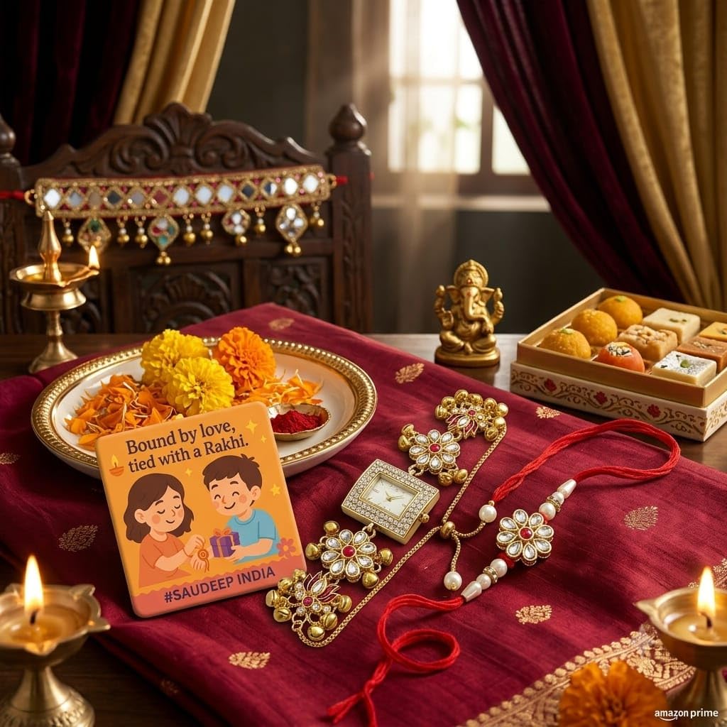 SAUDEEP INDIA Decorative Fridge Magnet for Refrigerator Decor | Rakhi for Brother & Lumba Rakhi Cum Gold Plated Kashmiri Style Jaipuri Meenakari Bracelet Watch for Bhabhi | Gift Combo (Design 3)-image-20